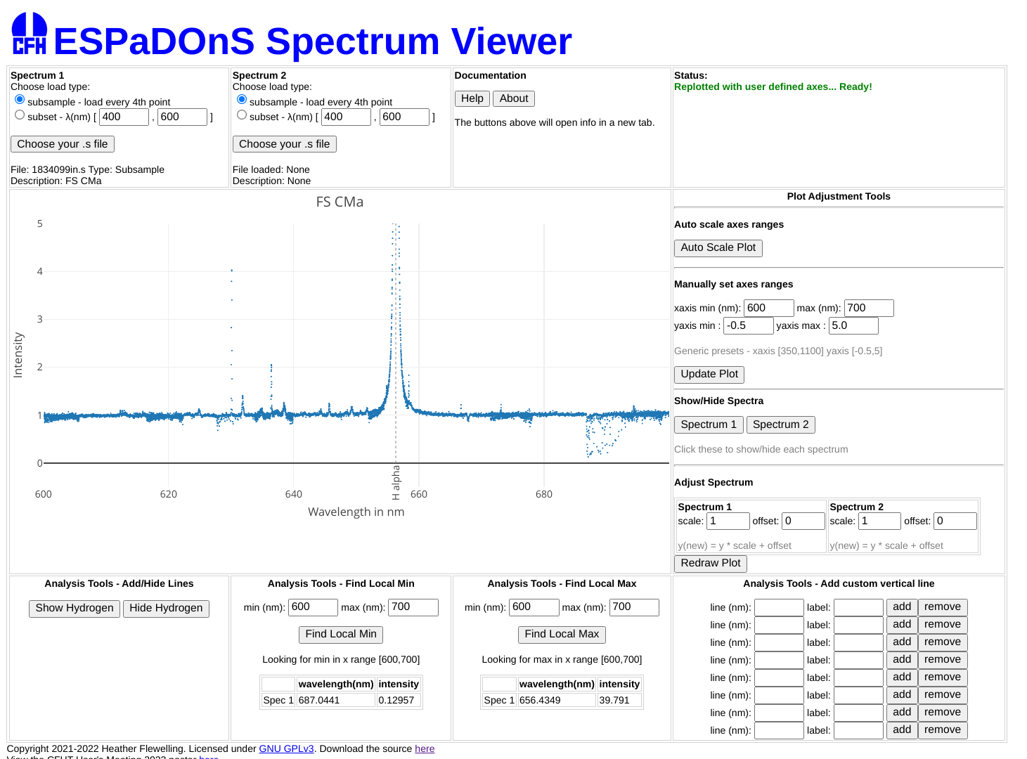 a screenshot of the espadons spectrum viewer